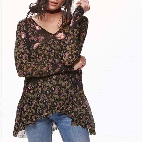 Free People Floral V-Neck Tunic in Black and Pink - Picture 2 of 8